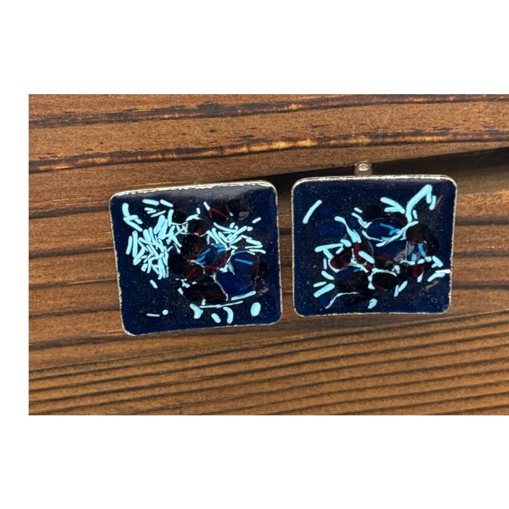 Square Funky Blue Tones Enamel and Silver Cufflinks 1 inch
